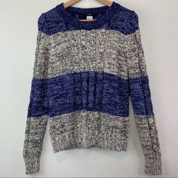 J Crew Cable Knit Sweater Blue Cream Stripe Large Pullover Crewneck Long Sleeve - Picture 1 of 6